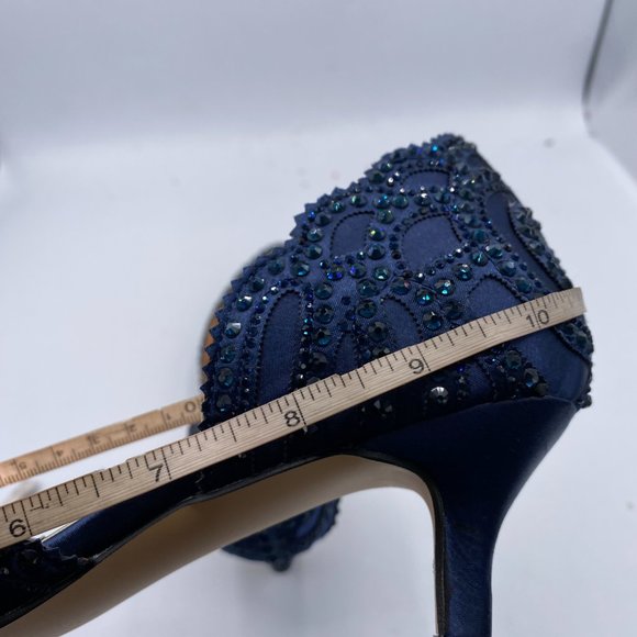 XYD Navy Pointed Toe Low Heel D'Orsay Rhinestone Studs Pump - Picture 6 of 8